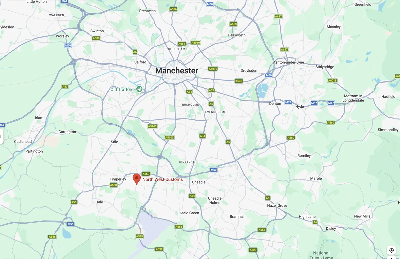Map showing North West Customs on Dallimore Road in Wythenshawe, Manchester